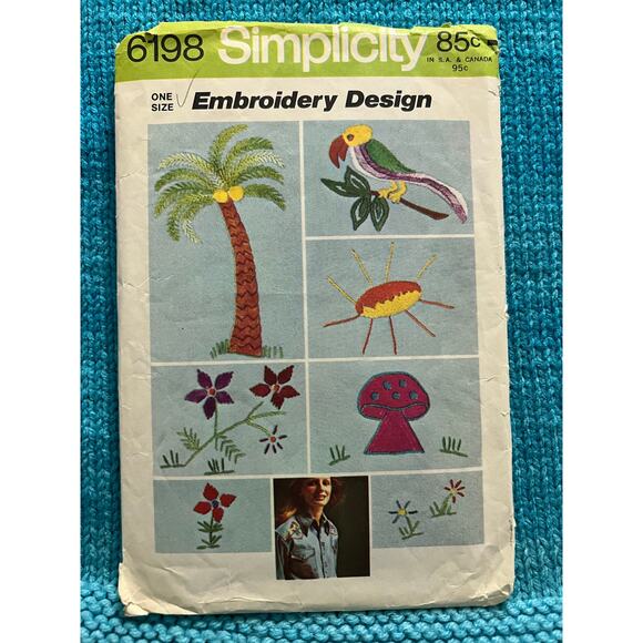 Simplicity 6198 pattern Embroidery transfer palm tree bird mushroom flowers - Picture 1 of 4